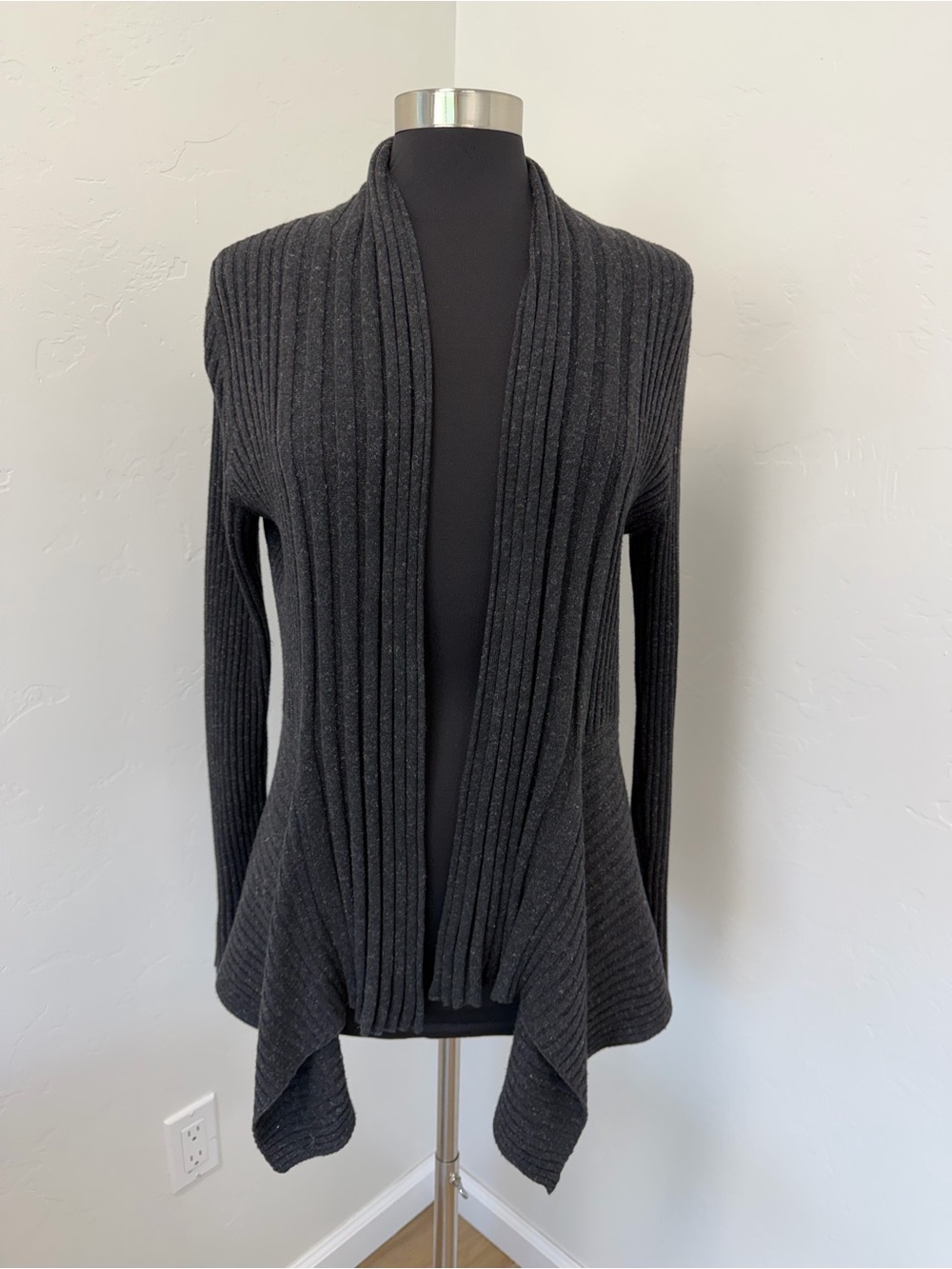 Eileen Fisher Grey Ribbed Open-Front Linen Blend Long Sleeve Cardigan Size M